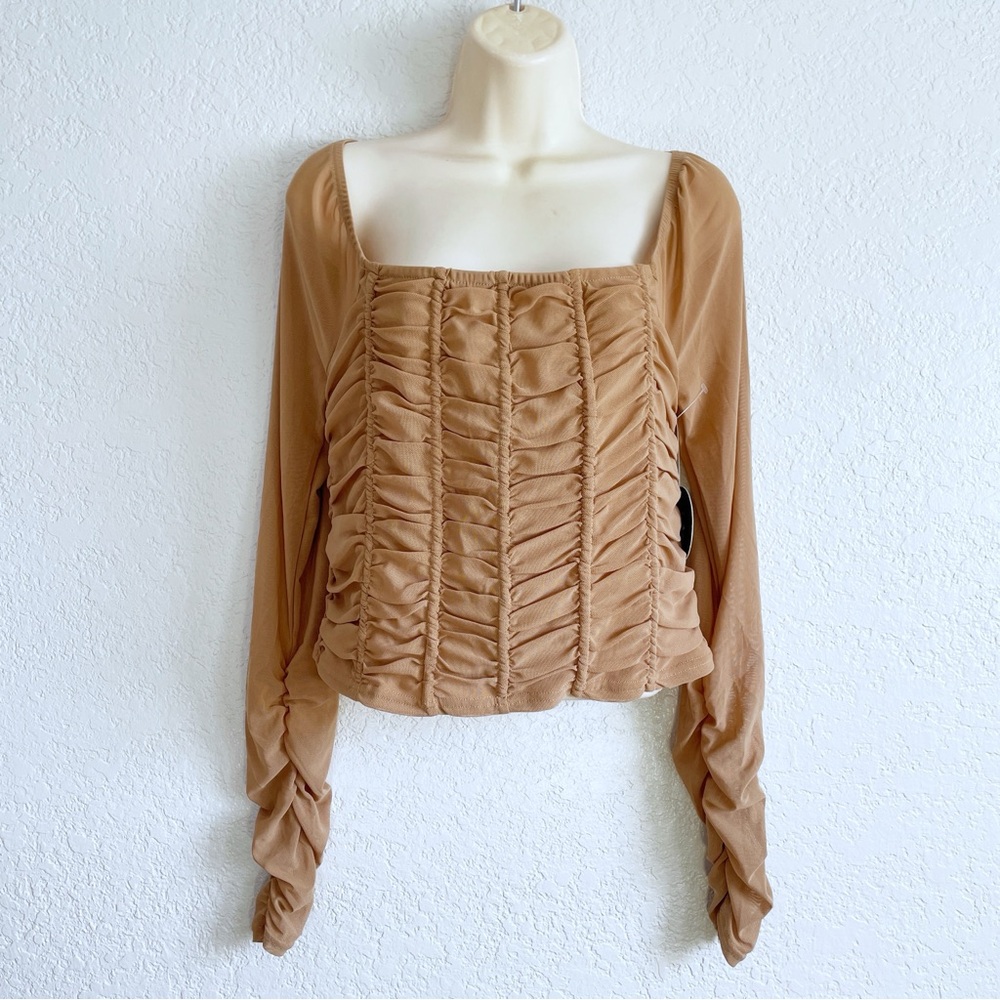 NEW Jolie & Joy Brown Tan Ruched Long Sleeve Corset Off Shoulder Top XL Sheer